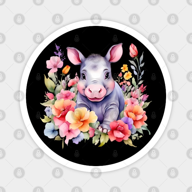 A baby hippo decorated with beautiful watercolor flowers Magnet by CreativeSparkzz